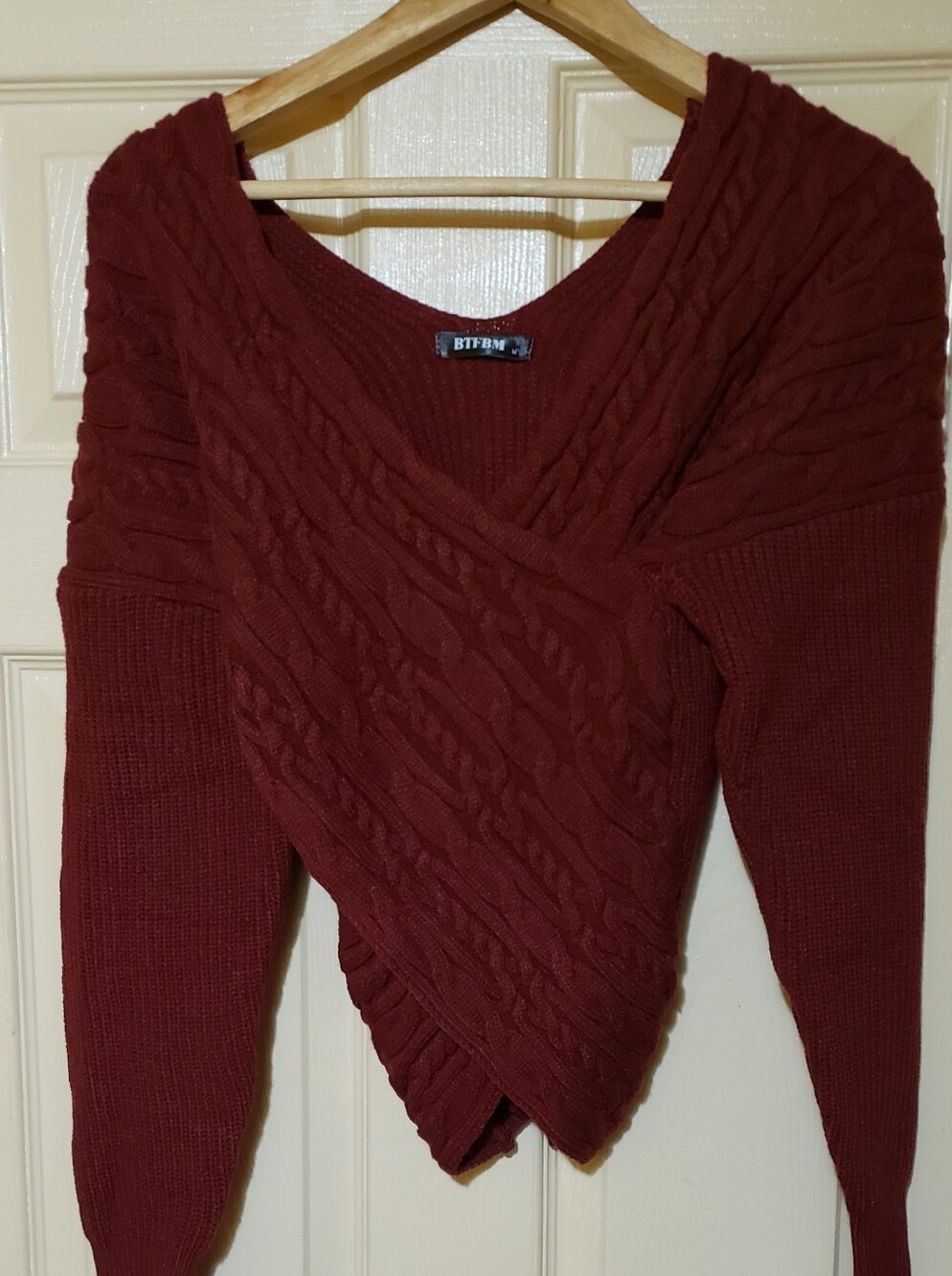 BTFMB Women's Burgundy Cable Knit V-Neck Wrap Sweater